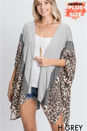 S35-1-1-HM-EJ6102-10X-HGY - PLUS SIZE ANIMAL LEOPARD PRINT AND SOLID CONTRAST DRAPED CARDIGAN- HEATHER GREY 2-2-2