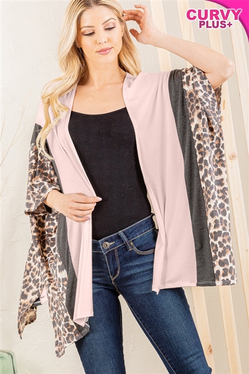 S35-1-1-HM-EJ6102-10X-PCH - PLUS SIZE ANIMAL LEOPARD PRINT AND SOLID CONTRAST DRAPED CARDIGAN- PEACH 2-2-2