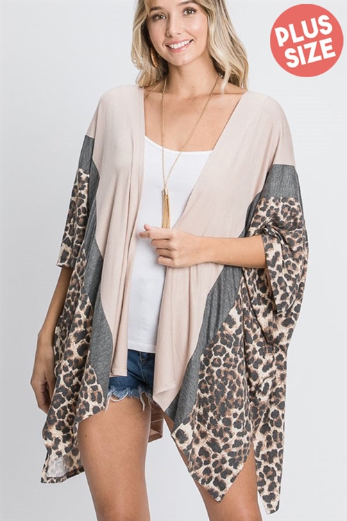 S35-1-1-HM-EJ6102-10X-TP - PLUS SIZE ANIMAL LEOPARD PRINT AND SOLID CONTRAST DRAPED CARDIGAN- TAUPE 2-2-2