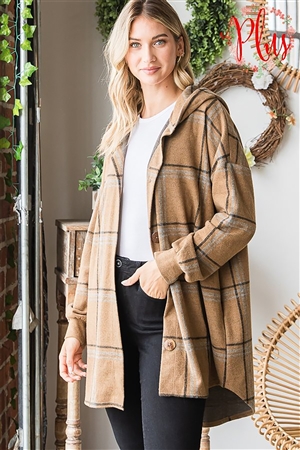 HM-EJ6401-13X-CML-PLUS SIZE LONG PUFF SLEEVE HOOD PLAID SHACKET W/ SIDE POCKET & BUTTON DOWN DETAI-CAMEL-2-2-2