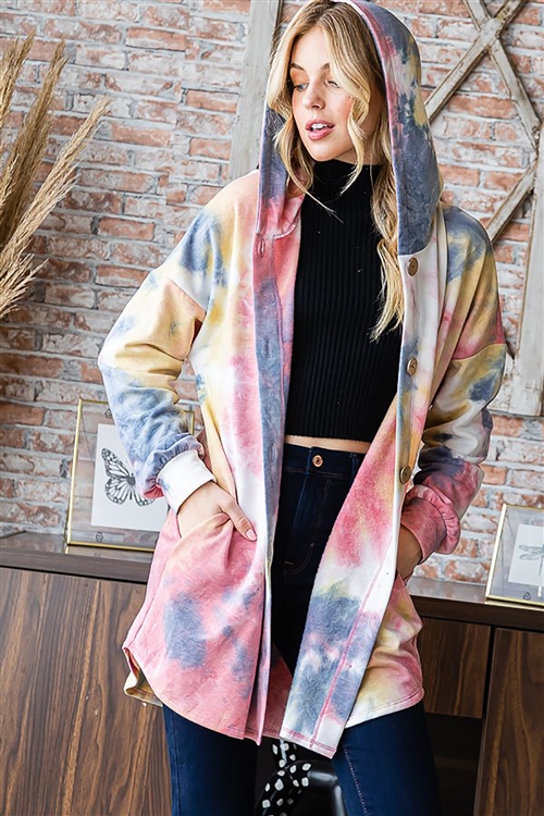 HM-EJ6401-20-MLT-LONG PUFF SLEEVE HOOD MULTI COLOR TIE DYE PRINT BUTTON DOWN CARDIGAN W/ SIDE POCKET-MULTI-2-2-2