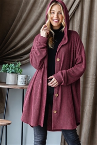 HM-EJ6401-32 -BU-LONG PUFF SLEEVE HOOD SOLID URBAN RIBBED BUTTON DOWN CARDIGAN W/ SIDE POCKET-BURGUNDY-2-2-2