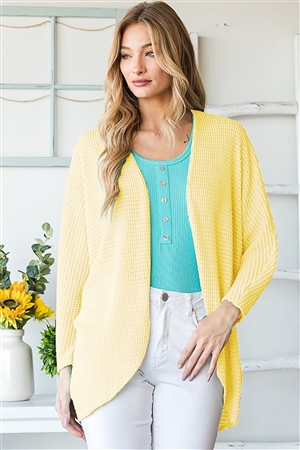 HM-EJ6700-14-YLW-DOLMAN LONG SLEEVE SOLID WAFFLE OPEN CARDIGAN-YELLOW-2-2-2