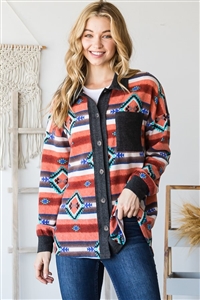 S35-1-1-HM-EJ6706-11-RUMLT - MULTI COLOR AZTEC PRINT CONTRAST BUTTON DOWN SHACKET- RUST MULTI 2-2-2