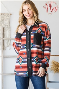 S35-1-1-HM-EJ6706-11X-RUMLT - PLUS SIZE MULTI COLOR AZTEC PRINT CONTRAST BUTTON DOWN SHACKET- RUST MULTI 2-2-2