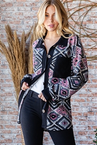 HM-EJ6706-19X-CHLMLT-PLUS SIZE LONG PUFF SLEEVE COLLAR MULTICOLOR & AZTEC CONTRAST BUTTON DOWN SHACKET-CHARCOAL MULTI-2-2-2