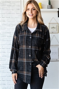 HM-EJ6712-11X-CHLMLT-LONG PUFF SLEEVE BASIC COLLAR MULTI COLOR PLAID PRINT SHACKET W/ FRONT BUTTON PLUS-CHARCOAL MULTI-2-2-2