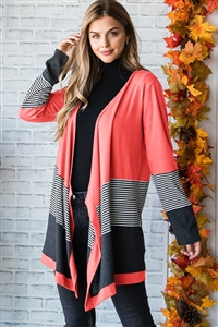 S35-1-1-HM-EJ6714-10-CO - LONG SLEEVE SOLID AND WAFFLE AND STRIPE PRINT CONTRAST OPEN CARDIGAN- CORAL 2-2-2