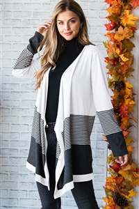 S35-1-1-HM-EJ6714-10-IV - LONG SLEEVE SOLID AND WAFFLE AND STRIPE PRINT CONTRAST OPEN CARDIGAN- IVORY 2-2-2