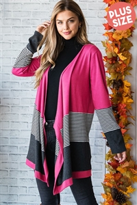 S35-1-1-HM-EJ6714-10X-FCH - PLUS SIZE LONG SLEEVE SOLID AND WAFFLE AND STRIPE PRINT CONTRAST OPEN CARDIGAN- FUCHSIA 2-2-2