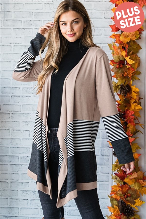 S35-1-1-HM-EJ6714-10X-MC - PLUS SIZE LONG SLEEVE SOLID AND WAFFLE AND STRIPE PRINT CONTRAST OPEN CARDIGAN- MOCHA 2-2-2