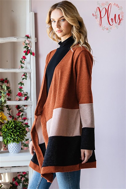 HM-EJ6714-15X-RU-PLUS SIZE LONG SLEEVE SOLID RIBBED COLOR BLOCK CONTRAST OPEN CARDIGAN-RUST-2-2-2