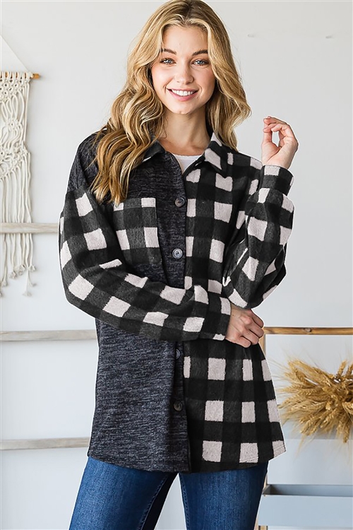 HM-EJ6725-11-IVBK-LONG PUFF SLEEVE BASIC COLLAR SOLID AND PLAID PRINT CONTRAST BUTTON DOWN SHACKET-IVORY/BLACK-2-2-2