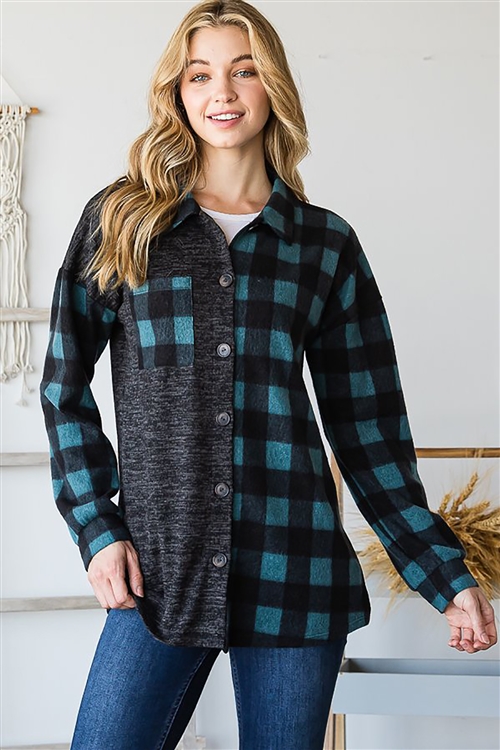 HM-EJ6725-11-TLBK-LONG PUFF SLEEVE BASIC COLLAR SOLID AND PLAID PRINT CONTRAST BUTTON DOWN SHACKET-TEAL/BLACK-2-2-2