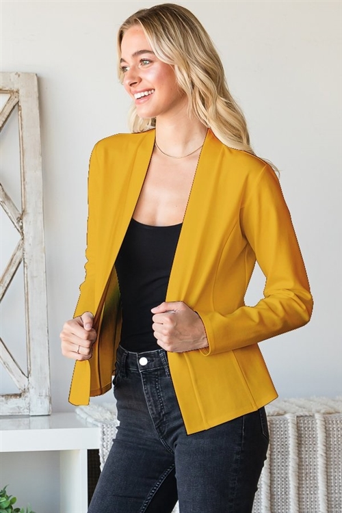 S35-1-1-HM-EJ6727-10-MU - LONG SLEEVE SOLID OPEN BLAZERS- MUSTARD 2-2-2