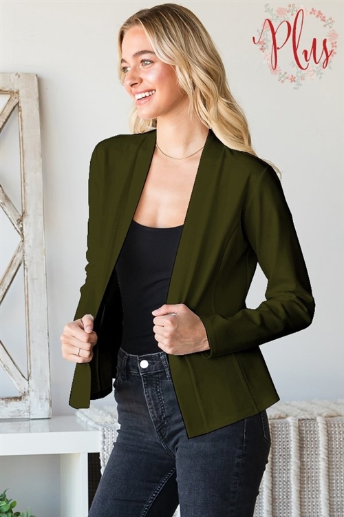 S35-1-1-HM-EJ6727-10X-OV - PLUS SIZE LONG SLEEVE SOLID OPEN BLAZERS- OLIVE 2-2-2