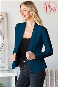 S35-1-1-HM-EJ6727-10X-TL - PLUS SIZE LONG SLEEVE SOLID OPEN BLAZERS- TEAL 2-2-2