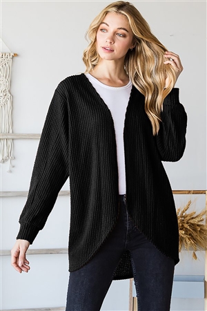 HM-EJ6730-10-BK-LONG PUFF SLEEVE SOLID WAFFLE OPEN CARDIGAN-BLACK-2-2-2