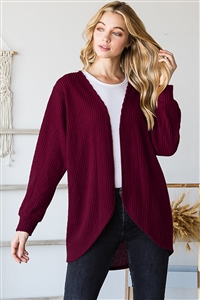 HM-EJ6730-10-BU-LONG PUFF SLEEVE SOLID WAFFLE OPEN CARDIGAN-BURGUNDY-2-2-2