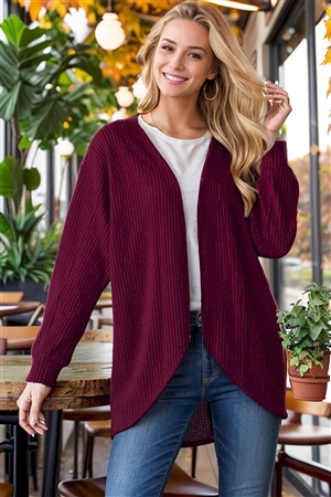 HM-EJ6730-10-BU-LONG PUFF SLEEVE SOLID WAFFLE OPEN CARDIGAN-BURGUNDY-2-2-2