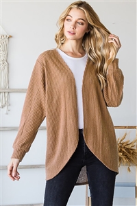 HM-EJ6730-10X-CML-LONG PUFF SLEEVE SOLID WAFFLE OPEN CARDIGAN PLUS SIZE-CAMEL-2-2-2