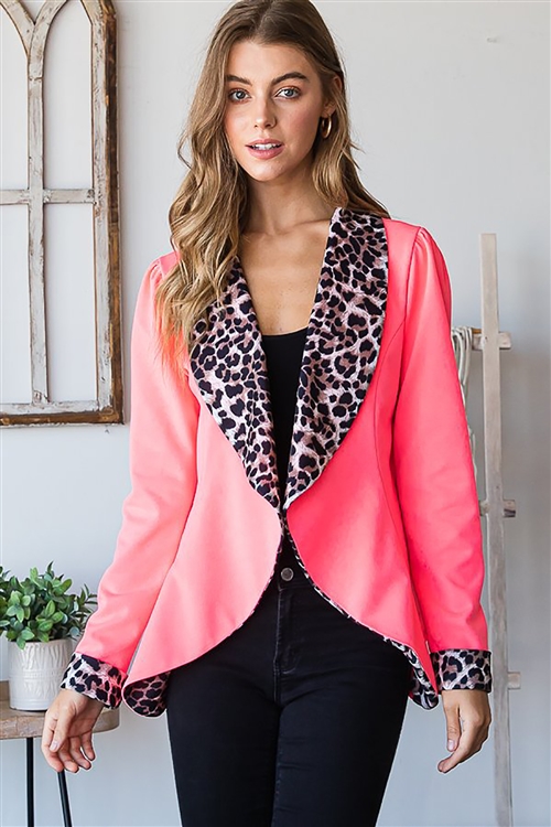 HM-EJ6735-12-NEPK-LONG SLEEVE SHAWL SOLID AND ANIMAL LEOPARD PRINT CONTRAST OPEN BLAZERS-NEON PINK-2-2-2