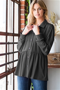 HM-EJ6739-10-CH2T-LONG PUFF SLEEVE COLLAR SOLID BUTTON DOWN SHACKET W/ FRONT POCKET & SHIRRIND DETAIL-CHARCOAL 2T-2-2-2