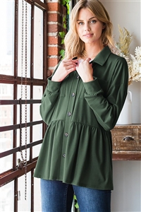 HM-EJ6739-10-OV-LONG PUFF SLEEVE COLLAR SOLID BUTTON DOWN SHACKET W/ FRONT POCKET & SHIRRIND DETAIL-OLIVE-2-2-2