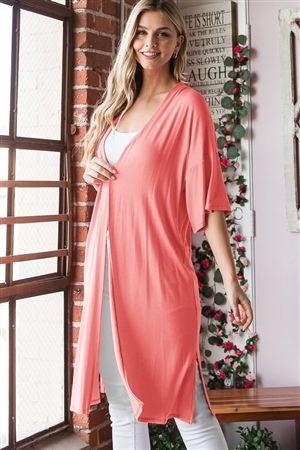 S35-1-1-HM-EJ6750S-CO - HALF SLEEVE SOLID OPEN CARDIGAN WITH SIDE SLIT- CORAL 2-2-2