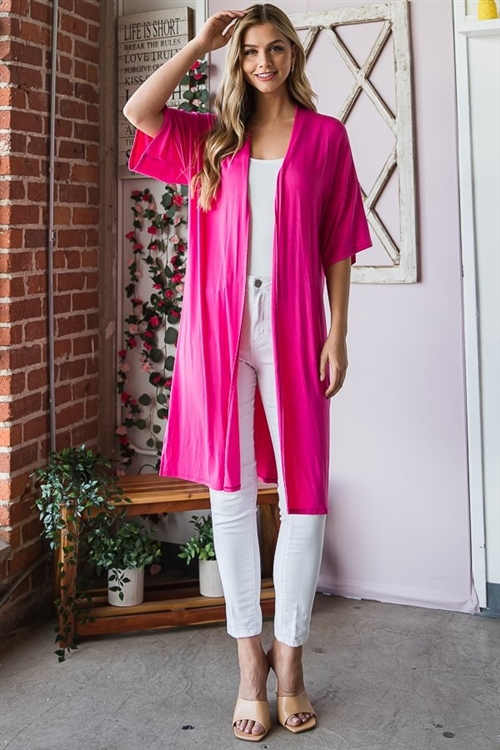 S35-1-1-HM-EJ6750S-FCH - HALF SLEEVE SOLID OPEN CARDIGAN WITH SIDE SLIT- FUCHSIA 2-2-2