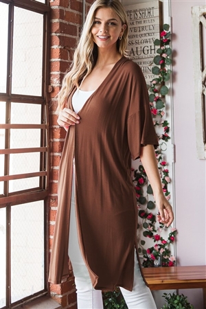 S35-1-1-HM-EJ6750S-TOB - HALF SLEEVE SOLID OPEN CARDIGAN WITH SIDE SLIT- TOBACCO 2-2-2