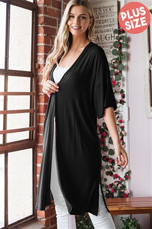 S35-1-1-HM-EJ6750SX-BK - PLUS SIZE HALF SLEEVE SOLID OPEN CARDIGAN WITH SIDE SLIT- BLACK 2-2-2