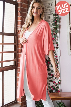 S35-1-1-HM-EJ6750SX-CO - PLUS SIZE HALF SLEEVE SOLID OPEN CARDIGAN WITH SIDE SLIT- CORAL 2-2-2