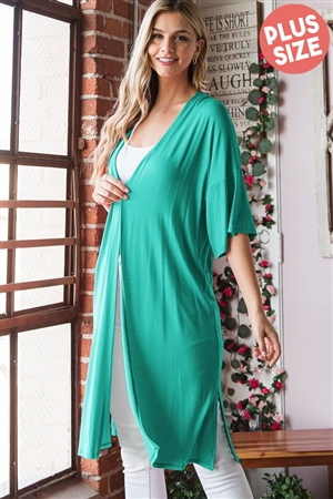 S35-1-1-HM-EJ6750SX-MNT - PLUS SIZE HALF SLEEVE SOLID OPEN CARDIGAN WITH SIDE SLIT- MINT 2-2-2