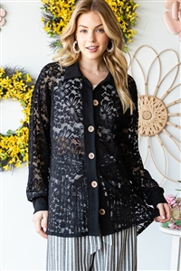 S35-1-1-HM-EJ6752-14-BK - SOLID AND LACE CONTRAST BUTTON DOWN SHACKET- BLACK 2-2-2
