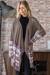 HM-EJ6763-10X-MC-PLUS SIZE LONG SLEEVE SOLID & AZTEC PRINT CONTRAST OPEN CARDIGAN-MOCHA-2-2-2