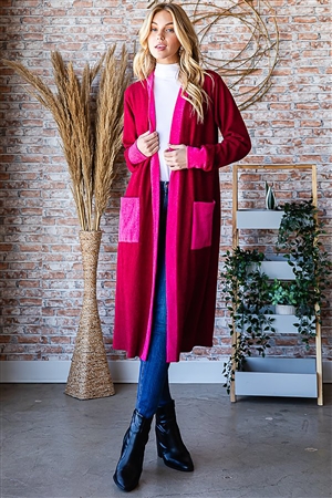 HM-EJ6764-10-WN-LONG PUFF SLEEVE SOLID CORDED HACCI AND MELANGE CONTRAST OPEN LONG CARDIGAN-WINE-2-2-2