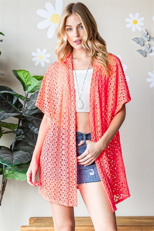 S35-1-1-HM-EJ6775-10-NCO - SHORT SLEEVE LACE OPEN CARDIGAN- NEON CORAL 2-2-2