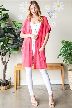S35-1-1-HM-EJ6778-10-CO - DOLMAN SHORT SLEEVE WITH BAND SOLID OPEN CARDIGAN- CORAL 2-2-2
