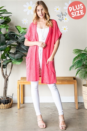 S35-1-1-HM-EJ6778-10X-CO - PLUS SIZE DOLMAN SHORT SLEEVE WITH BAND SOLID OPEN CARDIGAN- CORAL 2-2-2