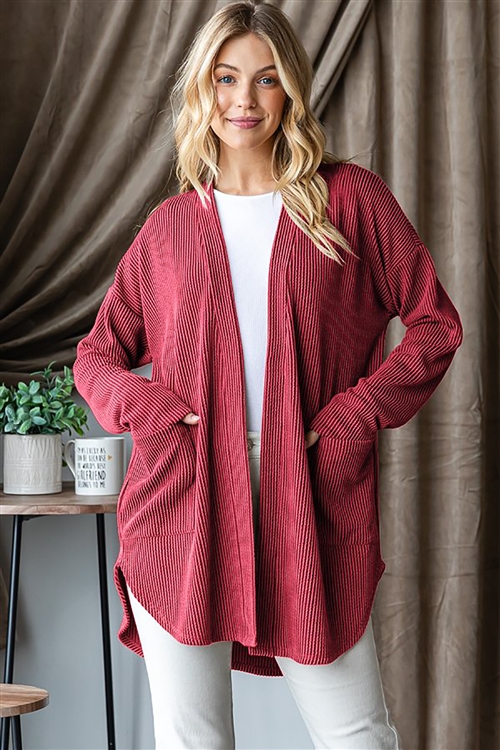 HM-EJ6782-10 -DKRD-LONG SLEEVE SOLID URBAN RIBBED OPEN CARDIGAN WITH FRONT POCKET AND ROUND HEM DETAIL-DK RED-2-2-2