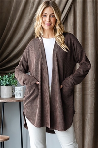 HM-EJ6782-10-BR-LONG SLEEVE SOLID URBAN RIBBED OPEN CARDIGAN WITH FRONT POCKET AND ROUND HEM DETAIL-BROWN-2-2-2