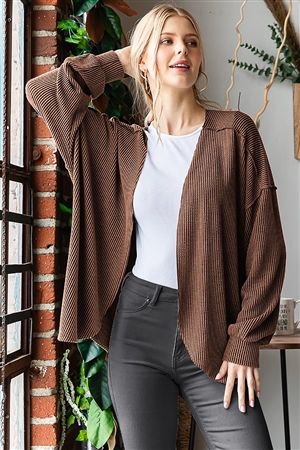 HM-EJ6785-11-BR-LONG PUFF SLEEVE SOLID URBAN RIBBED OPEN CARDIGAN WITH STITCH AND ROUND HEM DETAIL-BROWN-2-2-2