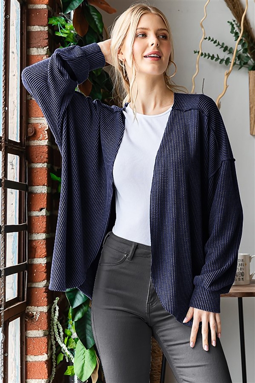 HM-EJ6785-11-NV-LONG PUFF SLEEVE SOLID URBAN RIBBED OPEN CARDIGAN WITH STITCH AND ROUND HEM DETAIL-NAVY-2-2-2