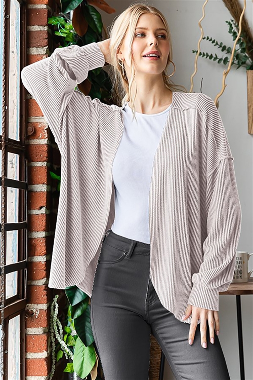 HM-EJ6785-11X-OTM- PLUS SIZE LONG PUFF SLEEVE SOLID URBAN RIBBED OPEN CARDIGAN WITH STITCH AND ROUND HEM DETAIL-OATMEAL-2-2-2