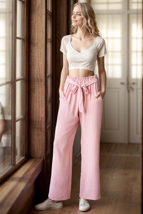 S35-1-1-HM-EP6700-11-PK - SOLID CASUAL PANTS WITH PAPERBAG WAISTBAND AND SIDE POCKET- PINK 2-2-2