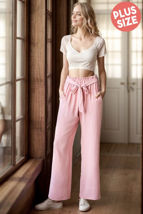 S35-1-1-HM-EP6700-11X-PK - PLUS SIZE SOLID CASUAL PANTS WITH PAPERBAG WAISTBAND AND SIDE POCKET- PINK 2-2-2