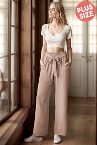 S35-1-1-HM-EP6700-11X-TN - PLUS SIZE SOLID CASUAL PANTS WITH PAPERBAG WAISTBAND AND SIDE POCKET- TAN 2-2-2