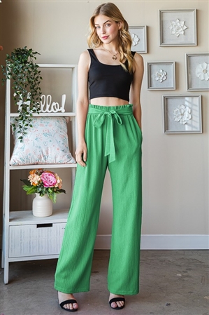 S35-1-1-HM-EP6700-16-GN - SOLID CASUAL PANTS WITH PAPERBAG WAISTBAND- GREEN 2-2-2