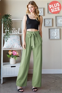 S35-1-1-HM-EP6700-16X-AVCD - PLUS SIZE SOLID CASUAL PANTS WITH PAPERBAG WAISTBAND- AVOCADO 2-2-2